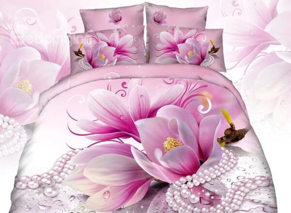 Pink Blooming Flowers Necklace Print 4-Piece Cotton Duvet Cover Sets