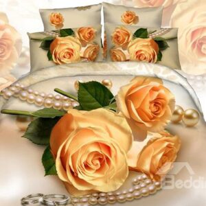 Romantic Yellow Rose Necklace Printing 4-Piece Cotton Duvet Cover Sets