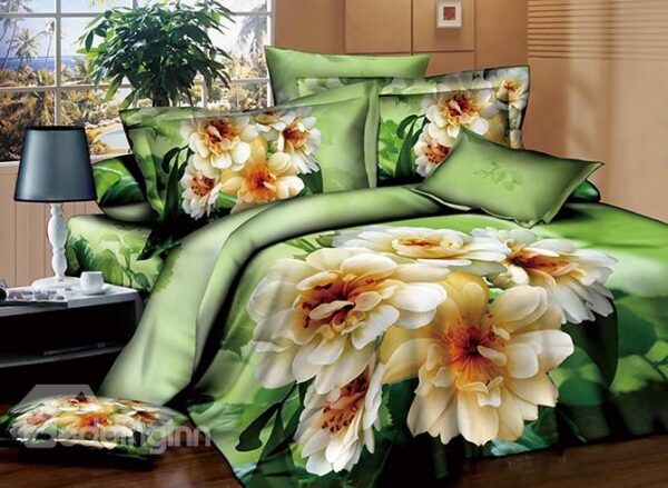 White Blooming Flowers Design Green 4-Piece Cotton Duvet Cover Sets