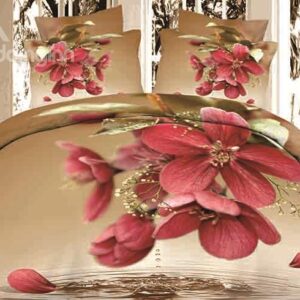 Dewy Red Flowers Print Brown 4-Piece Duvet Cover Sets