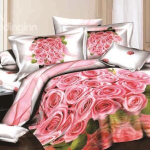 Fancy Romantic Pink Roses Print 4-Piece Pink Duvet Cover Sets