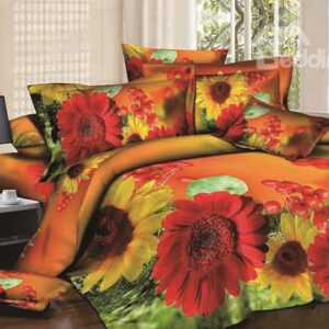Delicate Red and Yellow Flowers Design 4-Piece Cotton Duvet Cover Sets