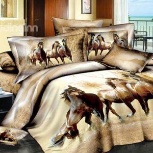 Three Running Horses Print Brown 4-Piece Cotton Duvet Cover Sets
