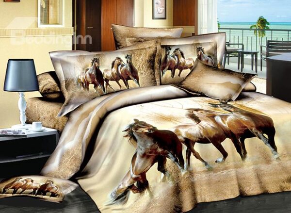 Three Running Horses Print Brown 4-Piece Cotton Duvet Cover Sets
