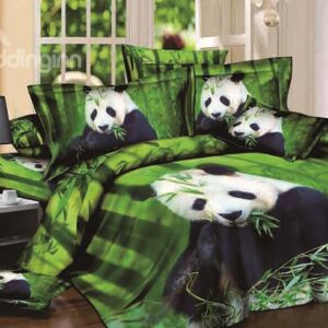 Cute Panda Eating Bamboo Print Green 4-Piece Cotton Duvet Cover Sets
