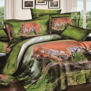 Wandering Tiger Print Cotton 4-Piece Green Duvet Cover Sets