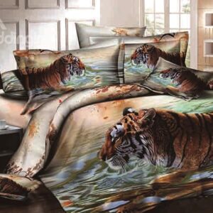 Vigorous Tiger on Water Print Cotton 4-Piece Duvet Cover Sets