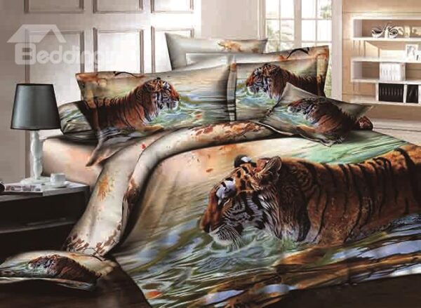 Vigorous Tiger on Water Print Cotton 4-Piece Duvet Cover Sets