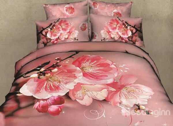Pink Peach Blossom Print Cotton 4-Piece Duvet Cover Sets