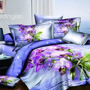 Shining Purple Flowers Blue 4-Piece Cotton Duvet Cover Sets