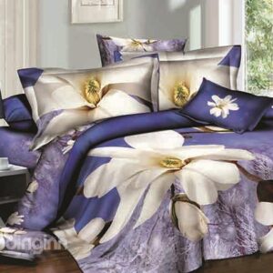 Elegant White Flowers Print Blue 4-Piece Cotton Duvet Cover Sets