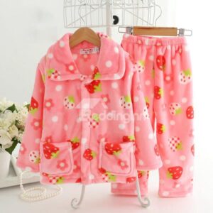 Adorable Strawberry Pattern Warm Flannel Kids Pajamas