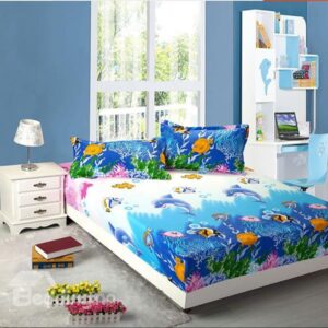 Jumping Dolphin Blue Ocean World Print Cotton Fitted Sheet