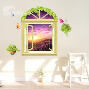 Breath-taking Window View Flowered Hills 3D Wall Stickers