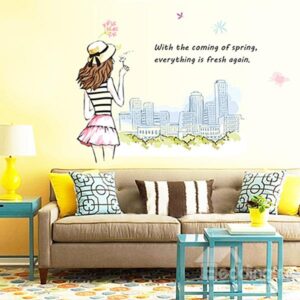 Beautiful Fashionable Girl and Big City Skyline Removable Wall Sticker