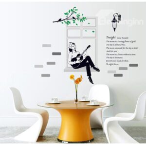 Young Girl Sitting on the Window Playing Guitar Removable Wall Sticker