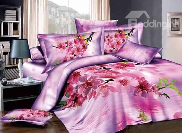 Rosy Peach Blossom Reactive Printing 4-Piece Duvet Cover Sets