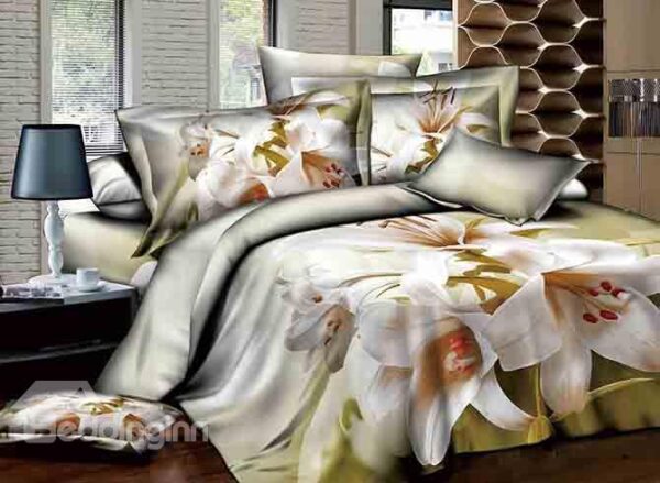 White Lily Design Comfy Cotton 4-Piece Duvet Cover Sets