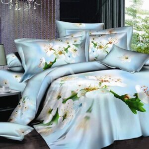 White Pear Blossom Printing Sky Blue 4-Piece Cotton Duvet Cover Sets