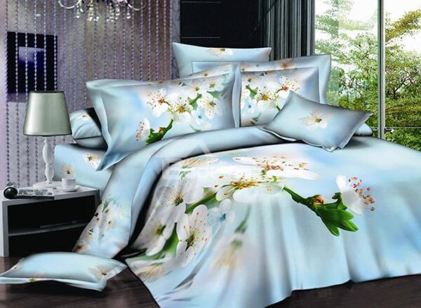 White Pear Blossom Printing Sky Blue 4-Piece Cotton Duvet Cover Sets