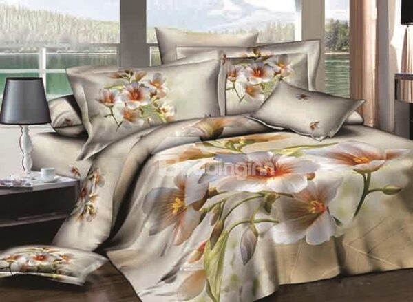 Artistic Luxury Elegant Flowers Design 4-Piece Cotton Duvet Cover Sets