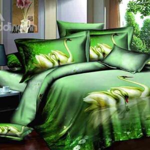 Elegant Two Swans on Lack Print Green 4-Piece Cotton Duvet Cover Sets