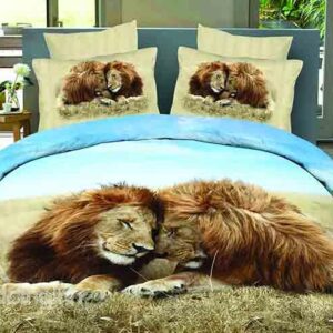 Snuggling Lion Couple Print 4-Piece Cotton Duvet Cover Sets