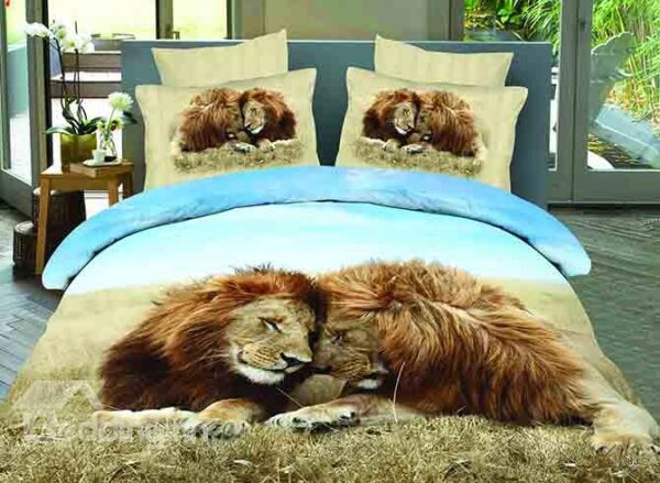Snuggling Lion Couple Print 4-Piece Cotton Duvet Cover Sets
