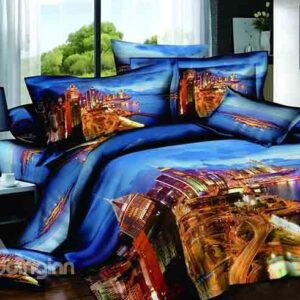 Charming City Scenery Design Blue Background 4-Piece Cotton Duvet Cover Sets