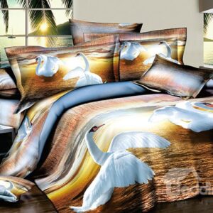 Lovely Fluttering Swans Print 4-Piece Cotton Duvet Cover Sets