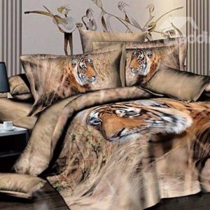 Strong Tiger Wandering in Grass Print 4-Piece Duvet Cover Sets