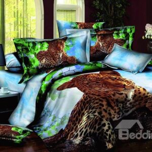 Vigorous Crouched Leopard Design 100%c Cotton 4-Piece Duvet Cover Sets