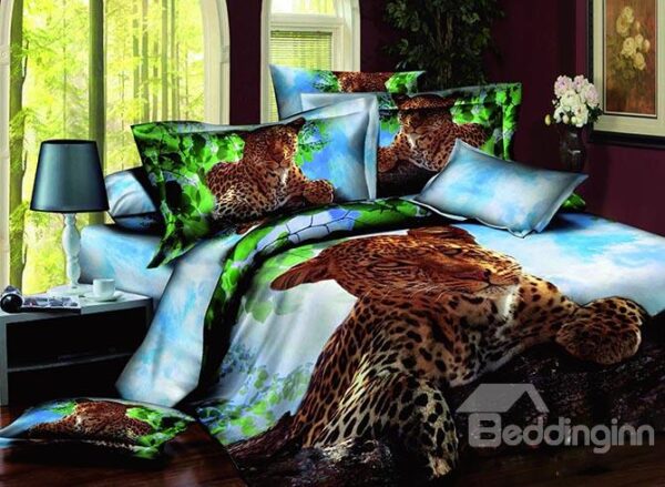 Vigorous Crouched Leopard Design 100%c Cotton 4-Piece Duvet Cover Sets