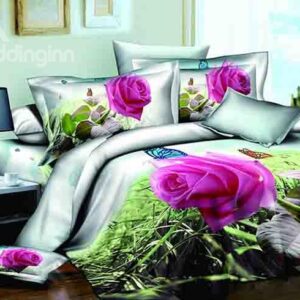 Refreshing Pastoral Blooming Rose Butterflies Design 4-Piece Cotton Duvet Cover Sets