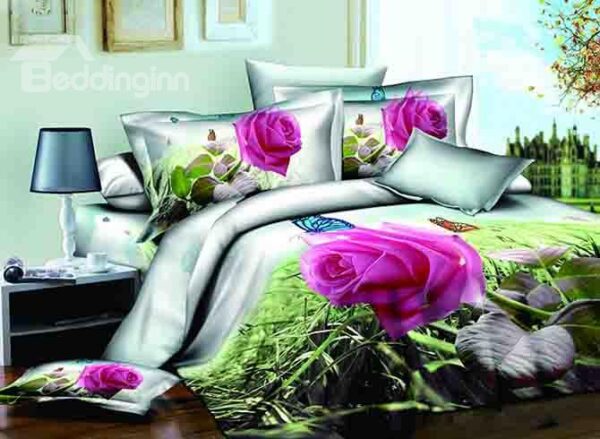 Refreshing Pastoral Blooming Rose Butterflies Design 4-Piece Cotton Duvet Cover Sets