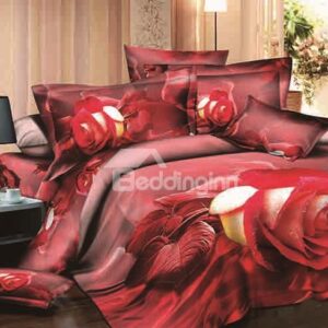 Vivid Rose Reactive Printing Cotton 4-Piece Duvet Cover Sets