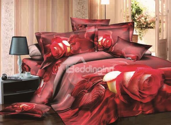 Vivid Rose Reactive Printing Cotton 4-Piece Duvet Cover Sets