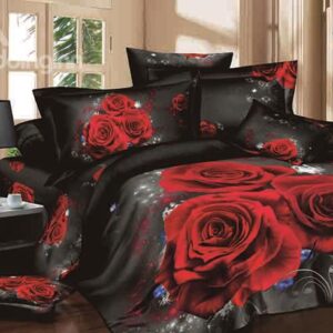 Beauteous Three Red Flowers Print 100% Cotton Black 4-Piece Duvet Cover Sets