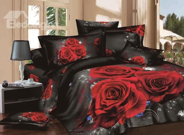 Beauteous Three Red Flowers Print 100% Cotton Black 4-Piece Duvet Cover Sets