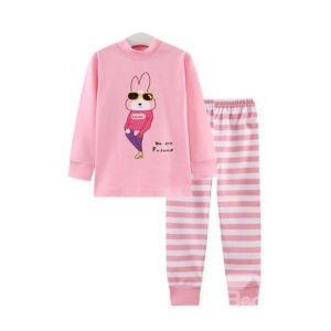 Pink Fashionable Rabbit Print and Stripe Pattern Kids Pajamas
