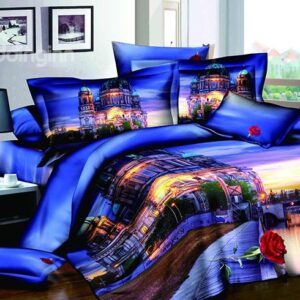 Castle Scenery Print Blue Background 4-Piece Cotton Duvet Cover Sets