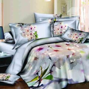 Elegant White Floral Design Light Blue 4-Piece Cotton Duvet Cover Sets