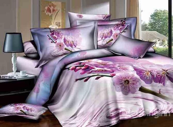 Light Purple Floral Design 4-Piece Cotton Duvet Cover Sets