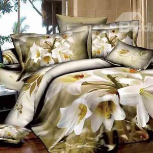 Graceful White Lily Print European Style 4-Piece Cotton Duvet Cover Sets