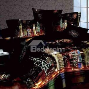 Charming City Night Scenery Print 4-Piece Cotton Duvet Cover Sets