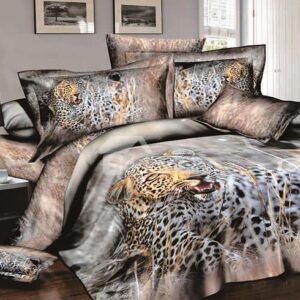 Brawny Leopard Crouching in Grass Print 4-Piece Cotton Duvet Cover Sets
