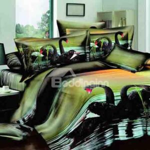 Black Swans on Lake Reactive Printing 4-Piece Cotton Duvet Cover Sets