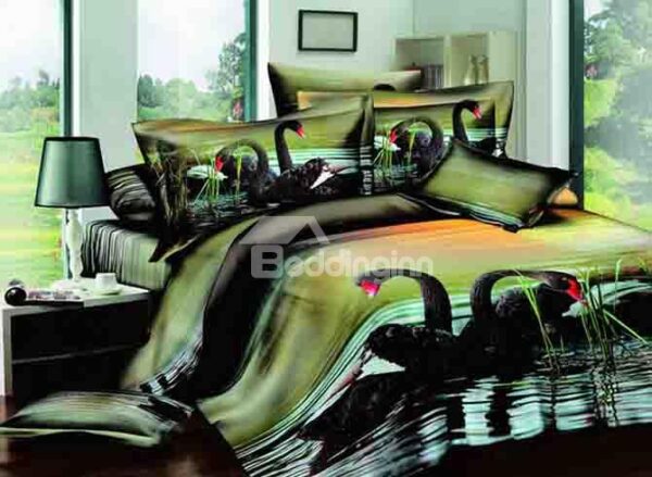 Black Swans on Lake Reactive Printing 4-Piece Cotton Duvet Cover Sets