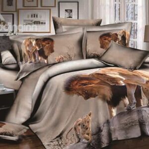 Powerful Lion Print Soft 100% Cotton 4-Piece Duvet Cover Sets