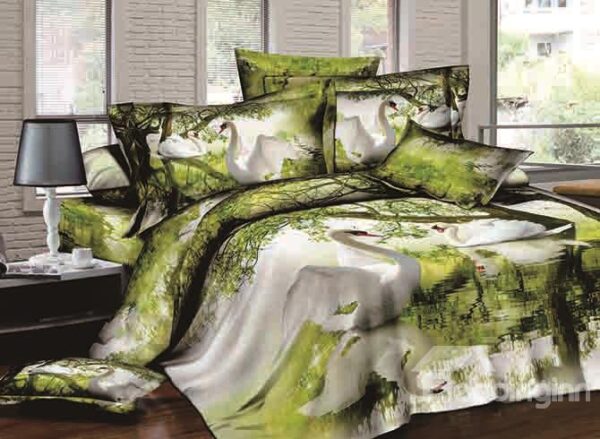 Swan Flapping Wings on Lake Green 4-Piece Cotton Duvet Cover Sets